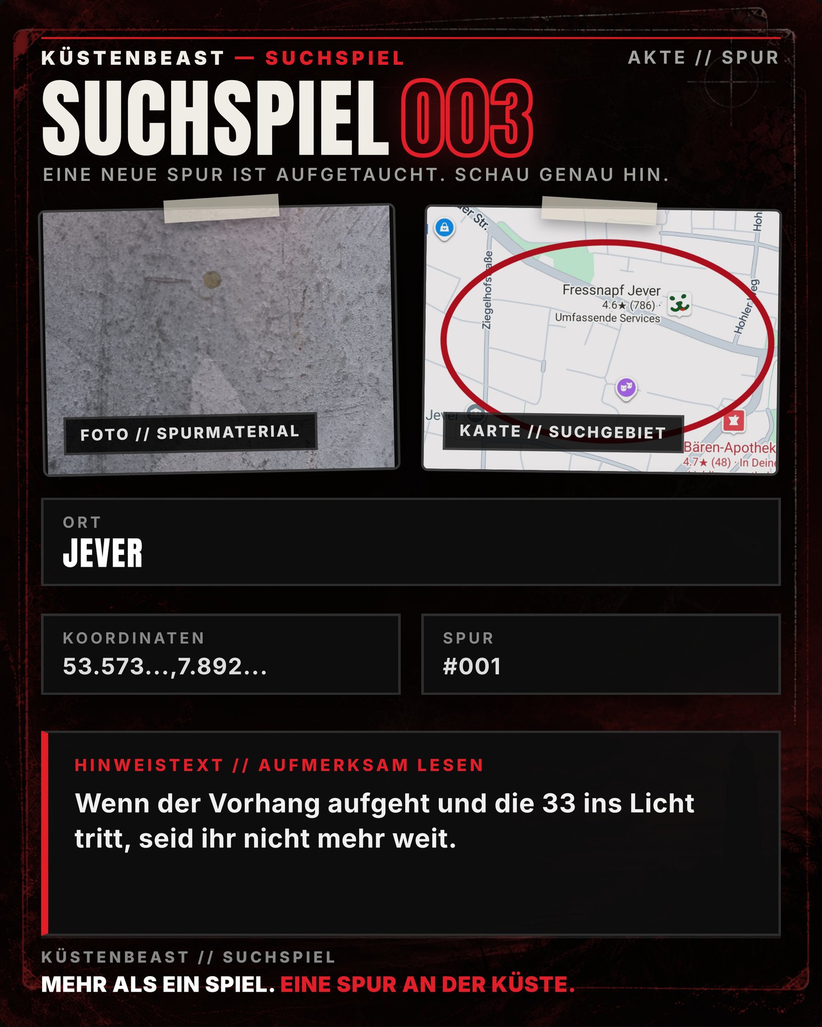 Aktueller Hinweis Küstenbeast Suchspiel - Koordinaten und Lageplan